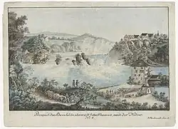 «Prospect des Rheinfahls, ohnweitt Schaffhausen», um 1784, Radierung von Johann Jakob Aschmann