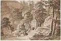 Felsental mit Bäumen, Gebüsch und einem Bretterverschlag über einer kleinen Brücke in der Umgebung von Hohenstein in der Sächsischen Schweiz, um 1790