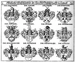 „Adeliche Geschlechter der Circkel Gesellschafft zu Lübeck“ untere Reihe, letztes Wappen: Plessen[31]