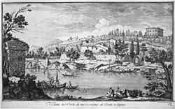 Die Villa, im Hintergrund oben rechts, oberhalb der Hügellandschaft von Porto di Mezzo in einem Stich von Giuseppe Zocchi