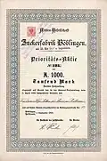 Zuckerfabrik Böblingen, Aktie vom 1. Januar 1863, ausgestellt auf Frau Emma Cloß geb. Knorr in Heilbronn, Ehefrau von Friedrich Cloß. Originalunterschrift des Fabrikdirektors Friedrich Cloß