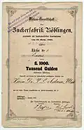 Zuckerfabrik Böblingen, Aktie vom 22. Oktober 1862 eingetragen auf Herrn Dr. P.&nbsp;L. Adam, Bankier in Ulm, Originalunterschriften des Zuckerfabrikanten und Vorstandes Friedrich Cloß, als Mitglied zeichnete u.&nbsp;a. Bankier Richard Rümelin