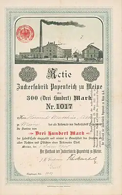 Aktie der Zuckerfabrik Papenteich zu Meine über 300 Mark, ausgegeben am 1. Juni 1905