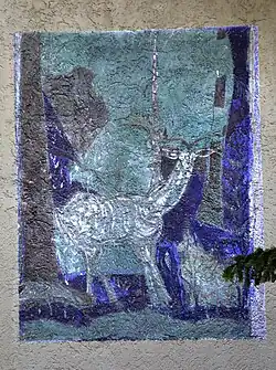 Schulhaus/Kindergarten Bruderwies in Zürich Leimbach. Das Wandbild an der Ostseite wird Trudy Egender-Wintsch zugeschrieben