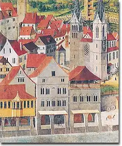 Zunfthaus (gelb) auf einem Altarbild von Hans Leu dem Älteren (kurz vor 1500)