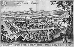 Merian Panoramablick über Zurzach auf die Küssaburg (1654)