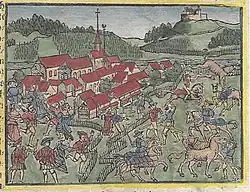 Zurzach mit Markt und im Hintergrund die Küssaburg, unbekannter Künstler: nachkolorierter Holzschnitt aus der Stumpf-Chronik, Christoph Froschauer, Zürich 1549