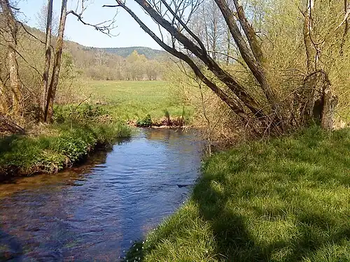 Zusammenfluss von Lohrbach (hinten rechts) und Flörsbach (hinten links) zur Lohr
