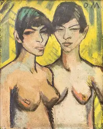 Ölgemälde von zwei nackten Frauen in der Frontalansicht. Sie sind bis zum Bauch erkennbar und haben dunkle Kurzhaarfrisuren. Der Hintergrund ist gelb-grau gestreift und die Initialen des Künstlers stehen oben rechts.