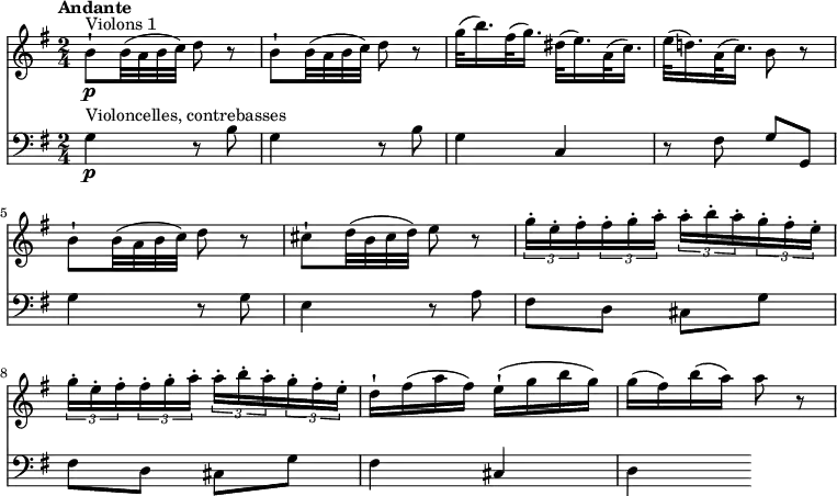 
<<
  \new Staff 
     \relative c'' { 
         \version "2.18.2"
         \clef "treble" 
         \tempo "Andante" 
         \key g \major
         \time 2/4
              b8-!\p ^\markup{Violons 1} b32 (a b c) d8 r8
               b8-! b32 (a b c) d8 r8
               g32 (b16.) fis32 (g16.) dis32 (e16.) a,32 (c16.)
               e32 (d!16.) a32 (c16.) b8 r8
                b8-! b32 (a b c) d8 r8
               cis8-! d32 (b cis d) e8 r8
               \tuplet 3/2 {g16-. e-. fis-.} \tuplet 3/2 {fis16-. g-. a-.} \tuplet 3/2 {a16-. b-. a-.}  \tuplet 3/2 {g16-. fis-. e-.}
               \tuplet 3/2 {g16-. e-. fis-.} \tuplet 3/2 {fis16-. g-. a-.} \tuplet 3/2 {a16-. b-. a-.}  \tuplet 3/2 {g16-. fis-. e-.}
               d16-! fis (a fis) e-! (g b g)
               g (fis) b (a) a8 r8
}
\new Staff 
\relative c'' { 
         \clef "bass" 
         \tempo "Andante" 
         \key g \major
         \time 2/4
          g,4\p^\markup{Violoncelles, contrebasses}  r8 b8
          g4 r8 b8
          g4 c,
          r8 fis8 g g,
          g'4 r8 g8
          e4 r8 a8
          fis d cis g'
          fis d cis g'
          fis4 cis
          d        
 }
>>
