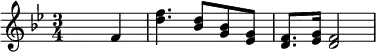 {\key bes \major \time 3/4 \skip2 f'4 <d'' f''>4. <bes' d''>8 <g' bes'>8 <es' g'>8 <d' f'>8. <es' g'>16 <d' f'> 2}