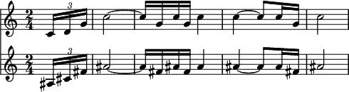 <<
\relative c' {
\key c \major
\time 2/4
\partial 8
\times 2/3 {c16 d g} | c2 ~ | c16 g c g c4 | c ~ c8 c16 g | c2
}
\relative a {
\key c \major
\time 2/4
\partial 8
\times 2/3 {ais16 cis fis} | ais2 ~ | ais16 fis ais fis ais4 | ais ~ ais8 ais16 fis | ais2
}
>>