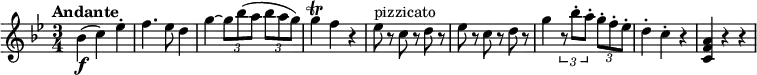 \relative c' {
\version "2.18.2"
\clef "treble"
\tempo "Andante"
\key bes \major
\time 3/4
bes'4 \f (c) ees -.
f4. ees8 d4
g4~ \tuplet 3/2 {g8 bes (a} \tuplet 3/2 {bes a g)}
g4 \trill f r4
ees8^\markup { pizzicato } r8 c r8 d r8
ees r8 c r8 d r8
g4 \tuplet 3/2 {r8 bes-. a-.} \tuplet 3/2 {g-. f-. ees-.}
d4-. c-. r4
<c, f a> r4 r4
}