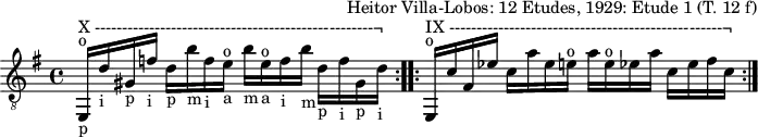 L:1/16
C: Heitor Villa-Lobos: 12 Etudes, 1929: Etude 1 (T. 12 f)
M:4/4
K:G treble-8
"^X ---------------------------------------------------¬" "_p""^o"e,, "_i"d "_p"^g, "_i"=f "_p"d "_m"b "_i"f "^o" "_a"e "_m"b "^o" "_a"e "_i"f "_m"b "_p"d "_i"f "_p"g, "_i"d :|
|: "^IX --------------------------------------------------¬""^o"e,, c f, _e c a e "^o"=e a "^o"e _e a c e f c :||