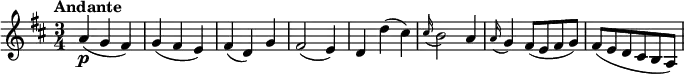 \relative c'' {
\version "2.18.2"
\key d \major
\tempo "Andante"
\time 3/4
\tempo 4 = 90
a4\p (g fis)
g (fis e)
fis (d) g
fis2 (e4)
d d' (cis)
\grace cis16 (b2) a4
\grace a16 (g4) fis8 (e fis g)
fis (e d cis b a)
}