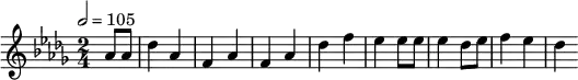 
\relative c'' { 
  \set Staff.midiInstrument = #"piano"
  \tempo 2 = 105
  \key des \major
  \time 2/4
  \partial 4 as8 as des4 as f as f as des f es es8 es es4 des8 es f4 es des
}
