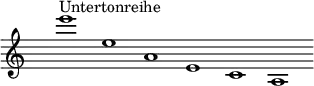 \new Staff {
\time 6/1
\override Staff.TimeSignature.transparent = ##t
\relative c''' { e1^Untertonreihe e, a, e c a % Remove bar line at the end of the current line
\once \override Score.BarLine.break-visibility = #'#(#f #t #t)
\break}
}