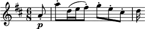 \relative {\key d \major \time 6/8 \partial 8 a'8\staccato\p a'8\staccato d,16( e fis8\staccato) g\staccato e\staccato cis\staccato d16}