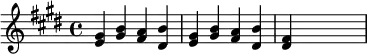 {\key e \major \time 4/4 <e' gis'>4 <gis' b'> <fis' a'> <dis' b'> <e' gis'>4 <gis' b'> <fis' a'> <dis' b'> <dis' fis'> \skip2.}