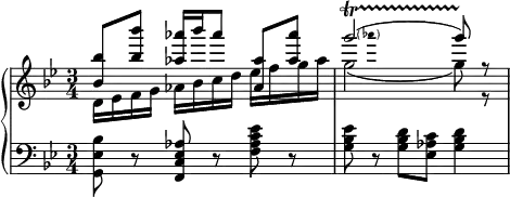 {
  \set Score.tempoHideNote = ##t
  \new PianoStaff <<
    \new Staff { \clef violin \key bes \major \time 3/4 \tempo 4 = 100
      << { \voiceOne
        <bes' bes''>8 <bes'' bes'''> <as'' as'''>16 bes''' as'''8 <as' as''> <as'' as'''>
        \pitchedTrill g'''2(\startTrillSpan as''' g'''8)\stopTrillSpan r
      }
      \new Voice { \voiceTwo
        d'16 es' f' g' as' bes' c'' d'' es'' f'' g'' as''
        g''2( g''8) r
      } >> \oneVoice
    }
    \new Staff { \clef bass \key bes \major \time 3/4
      <g, es bes>8 r <f, c es as> r <f as c' es'> r
      <g bes es'>8 r <g bes d'> <es as c'> <g bes d'>4
    }
  >>
}