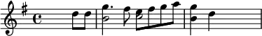 {\set Staff.midiInstrument = #"electric piano 1" \key g \major \set Score.tempoHideNote = ##t \tempo 4 = 60 \skip2. d''8 d''8 <<{g''4. fis''8}{b'2}>> <<{e''8 fis''8 g''8 a''8}{c''2}>> <<{g''4}{b'4}>> d'' \skip2}