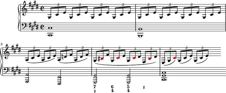 
\version "2.14.2"

\header {tagline = ##f}

upper = \relative c' {
  \clef treble 
  \key cis \minor
  \time 2/2
  \tempo 8 = 110
\set Timing.beamExceptions = #'()
\set Timing.baseMoment = #(ly:make-moment 1/4)
\set Timing.beatStructure = 1,1,1,1

         {

  \tupletSpan 4
  \tuplet 3/2 { gis8 cis e gis, cis e gis, cis e gis, cis e gis, cis e gis, cis e gis, cis e gis, cis e
a,( cis e a, cis e) a,( d fis a, d fis) gis,( \tweak NoteHead.color #red bis fis' gis, \tweak NoteHead.color #red cis e gis, \tweak NoteHead.color #red cis dis fis, \tweak NoteHead.color #red bis dis) e,( gis \tweak NoteHead.color #red cis) gis (cis e) gis, (cis e)  s4 \once \override Score.BarLine.break-visibility = #'#(#f #t #t) } 

}
}

lower = \relative c {
  \clef bass
  \key cis \minor

         { <cis cis,>1 <b b,> <a a,>2 <fis fis,> <gis gis,> <gis gis,> <cis gis cis,>1 \once \override Score.BarLine.break-visibility = #'#(#f #t #t) }
}

\score {
  \new PianoStaff <<
    \new Staff = "upper" \upper
    \new Staff = "lower" \lower
    \new FiguredBass {\figuremode 
    { r1 r r <7 _+>4 <6 4> <5 4> <_+>}
  }
  >>
  \layout {
    \context {
      \Score
      \remove "Metronome_mark_engraver"
    }
  }
  \midi { }
}
