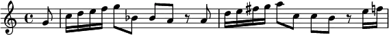 \new Staff {
\relative c'' { \partial 8 g8 c16 d e f g8 bes, bes a r a d16 e fis g a8 c, c b r e16 f }
}