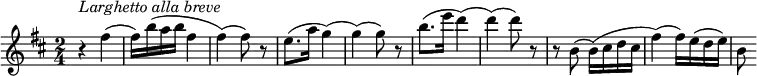{
  \clef violin \key d \major \time 2/4 \tempo 4 = 50
  \set Score.tempoHideNote = ##t
  r4 ^\markup{\italic{Larghetto alla breve}} fis''(
  fis''16) b''( a'' b'' fis''4(
  fis''4)( fis''8) r
  e''8.( a''16 g''4)(
  g''4)( g''8) r
  b''8.( e'''16 d'''4)(
  d'''4)( d'''8) r
  r8 b'8( b'16)( cis'' d'' cis''
  fis''4)( fis''16) e''( d'' e'')
  b'8
}