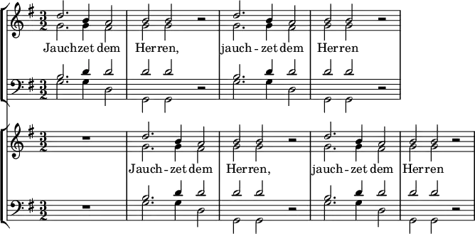 
<<
\new StaffGroup <<
\new Staff \with { \consists "Merge_rests_engraver" } { \clef treble \time 3/2 \key g \major
  \set Staff.midiInstrument = "choir aahs"
  \set Staff.midiMinimumVolume = #0.7
  \set Staff.midiMaximumVolume = #1.0
  \relative c'
  << { d'2. b4 a2 b b r d2. b4 a2 b b r } \\
  { g2. g4 fis2 g g r g2. g4 fis2 g g r } >>
}
\addlyrics { Jauch -- zet dem Her -- ren, jauch -- zet dem Her -- ren }
\new Staff \with { \consists "Merge_rests_engraver" } { \clef bass \key g \major \set Staff.midiInstrument = "choir aahs"
  \relative c'
  << { b2. d4 d2 d d r b2. d4 d2 d d r } \\
  { g,2. g4 d2 g, g r g'2. g4 d2 g, g r } >>
}
>>
\new StaffGroup <<
\new Staff \with { \consists "Merge_rests_engraver" } { \clef treble \time 3/2 \key g \major
  \set Staff.midiInstrument = "choir aahs"
  \set Staff.midiMinimumVolume = #0.2
  \set Staff.midiMaximumVolume = #0.5
  \relative c'
  << { R1. d'2. b4 a2 b b r d2. b4 a2 b b r } \\
  { R1. g2. g4 fis2 g g r g2. g4 fis2 g g r } >>
}
\addlyrics { Jauch -- zet dem Her -- ren, jauch -- zet dem Her -- ren }
\new Staff \with { \consists "Merge_rests_engraver" } { \clef bass \key g \major \set Staff.midiInstrument = "choir aahs"
  \relative c'
  << { R1. b2. d4 d2 d d r b2. d4 d2 d d r } \\
  { R1. g,2. g4 d2 g, g r g'2. g4 d2 g, g r } >>
}
>> >>
\layout { indent = #0 }
\midi { \tempo 2 = 140 }
