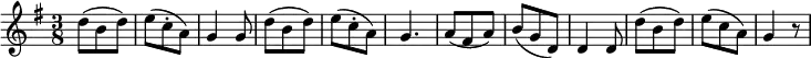 {\key g \major \time 3/8 d''8( b' d'') e''( c''-. a') g'4 g'8 d''8( b' d'') e''( c''-. a') g'4. a'8( fis' a') b'( g' d') d'4 d'8 d''8( b' d'') e''( c'' a') g'4 r8}