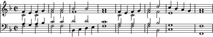 \relative f'
<<
{ \clef violin \key f \major \time 2/2
<< { f4 e f g a2 a b b a1 f4 e f g a2 d c4 b a g a1 }
\\
{ c,2 c f f f1 f c2 c f f e1 f }
>> }
\\ \new Staff
{ \clef bass \key f \major \time 2/2
<< { a,4 g a b c2 c d d c1 a2 a a b g1 f }
\\
{ f2 f f f b,4 c d e f1 f2 f f b, c1 f, }
>> }
>>