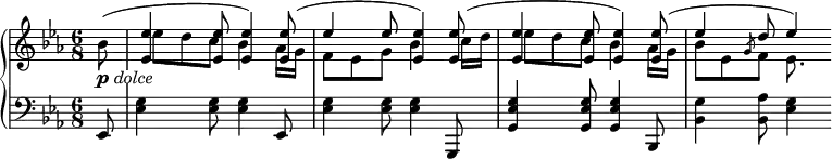 
 { \new PianoStaff <<
    \new Staff {
      <<
        \relative bes' {
          \key es \major \time 6/8 \partial 8 \set Score.tempoHideNote = ##t \tempo 8=100 
          \slurUp bes8( _\markup { \dynamic p \italic \whiteout dolce }
          \stemUp <es, es'>4 <es es'>8 <es es'>4) <es es'>8(
          es'4 es8 <es, es'>4) <es es'>8(
          <es es'>4 <es es'>8 <es es'>4) <es es'>8(
          es'4 d8 es4)
        }
        \relative bes' {
          \key es \major \time 6/8 \partial 8 \stemDown \dotsDown s8
          \once \override NoteColumn.force-hshift = #1.7 es8 d c bes4 as16 g
          f8 es g bes4 \once \override NoteColumn.force-hshift = #1.4 c16 d
          \once \override NoteColumn.force-hshift = #1.7 es8 d c bes4 as16 g
          bes8 es, \once \override Stem.length = #5 \slashedGrace g8 f es8.
        }
      >>
    }
    \new Staff \relative es, {
      \clef bass \key es \major \time 6/8 \partial 8 es8
      <es' g>4 <es g>8 <es g>4 es,8
      <es' g>4 <es g>8 <es g>4 g,,8
      <g' es' g>4 <g es' g>8 <g es' g>4 bes,8
      <bes' g'>4 <bes as'>8 <es g>4
    }
  >>
}
