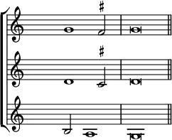 \new ChoirStaff
<<
\new Staff <<
\set Score.tempoHideNote = ##t
\tempo 2 = 92
\time 2/1
\override Staff.TimeSignature.transparent = ##t
\relative c'' {\set suggestAccidentals = ##t s2 g1 fis2 g\breve \bar "||"}
>>
\new Staff <<
\override Staff.TimeSignature.transparent = ##t
\relative c' {\set suggestAccidentals = ##t s2 d1 cis2 d\breve}
>>
\new Staff <<
\override Staff.TimeSignature.transparent = ##t
\relative c' {s2 b a1 g\breve}
>>
>>