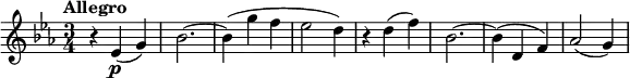 
\version "2.14.2"
 \relative c' {
         \clef "treble" 
         \tempo "Allegro"
         \key ees \major
         \time 3/4 
         \tempo 4 = 120
      r4 ees4\p (g)
      bes2. ~
      bes4 (g' f
      ees2 d4)
      r4 d4 (f)
      bes,2. ~
      bes4 (d, f)
      aes2 (g4)
}
