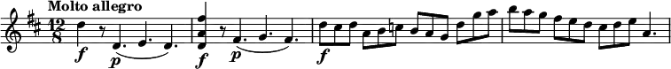 
\relative c' {
  \version "2.18.2"
  \tempo "Molto allegro"
  \key d \major
  \time 12/8
 d'4\f r8 d,4.\p (e4. d4.) <d a' fis'>4\f r8 fis4.\p (g4. fis4.)
 d'8\f cis d a b c b a g d' g a
 b a g fis e d cis d e a,4.
}
