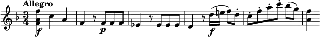 
\relative c'' {
  \version "2.18.2"
  \tempo "Allegro"
  \key f \major
  \time 3/4
  \tempo 4 = 140
  <f a, f>4\f c a |
  f4 r8 f\p f f |
  es4 r8 es es es |
  d4 r8 d'16\f( e! f8) d-. |
  c8-. f-. a-. c-. bes([ g)] |
  <f a,>4
}
