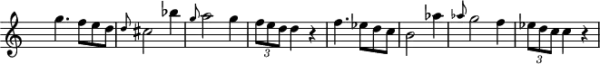 \version "2.14.2"
\header {
tagline = ##f
}
upper = \relative c''' {
\clef treble
\key c \major
\time 3/4
\tempo 4 = 120
\override Staff.TimeSignature.transparent = ##t
\set Timing.beamExceptions = #'()
\set Timing.baseMoment = #(ly:make-moment 1/4)
\set Timing.beatStructure = #'(3)
g4. f8 e d \grace {d} cis2 bes'4 \grace {g8} a2 g4 \tuplet 3/2 { f8 e d } d4 r f4. es8 d c b2 as'4 \grace {as8} g2 f4 \tuplet 3/2 { es8 d c } c4 r
}
\score {
\new Staff = "upper" \upper
\layout {
\context {
\Score
\remove "Metronome_mark_engraver"
}
}
\midi { }
}