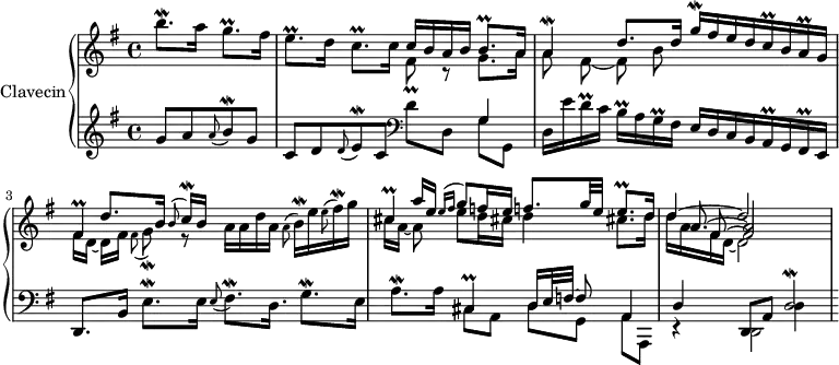 
\version "2.14.2"
\header {
  tagline = ##f
}
upper = \relative c'' {
  \clef treble 
  \key g \major
  \time 4/4
  \tempo 4 = 58
  %\autoBeamOff
  \set Staff.midiInstrument = #"clav"
  \override TupletBracket #'bracket-visibility = ##f

  \partial 2 b'8.\mordent a16 g8.\prall fis16
  e8.\prall d16 c8.\prall c16 << { c16 b a b b8.\prall a16 } \\ { fis8\prall r8 g8. a16 } >>
  << { a4\mordent d8. d16 g\mordent[ fis e d c\prall b a\prall g] } \\ { \autoBeamOff a8 fis~ fis b } >>
  << { s8 d8.[ b16] \grace { b8( } c16\mordent)[ b]  } \\ { fis16[ d~] d[ fis]  \grace { fis8( } g\mordent) r8 a16 a d a \grace { a8^( } b16^\mordent) e  \grace { e8^( } fis16^\mordent) g } \\ { fis,4\prall } >>
  << { s8 a'16 e \grace { e16([ fis] } g8) f!16 e f!8. g32 e e8.\prall d16 } \\ { cis16[ a~] a8 e'8 d16 cis! d4 cis!8. d16 } \\ { cis4\prall } >>
  << { d4~ d2 } \\ { d16 a fis d~ d2 s4 } \\ { s8 fis8~ fis2 } \\ { s16 \stemUp a8.^~ a2 } >> 

}

lower = \relative c {
  \clef bass
  \key g \major
  \time 4/4
  \set Staff.midiInstrument = #"clav"
    % **************************************

   
   \clef treble g''8 a \grace { a8( } b\mordent) g
   c,8 d \grace { d8( } e\mordent) c \clef bass d8 d, << { g4 } \\ { g8 g, } >>
   d'16 e' d\prall c b\prall a g\prall fis e[ d c b a\prall g fis\prall e]
   d8. b'16 e8.\mordent e16 \grace { e8( } fis8.\mordent) d16. g8.\mordent e16
   << { s4 cis4\prall d16[ e32 f!~] f8 a,4 } \\ { a'8.^\mordent a16 cis,8[ a] d8[ g,] a[ a,] } >>
   << { d'4 d,8 a' d2\mordent } \\ { r4 s4 d4 } \\ { s4 \stemDown d,2 }  >>

} 

\score {
  \new PianoStaff <<
    \set PianoStaff.instrumentName = #"Clavecin"
    \new Staff = "upper" \upper
    \new Staff = "lower" \lower
  >>
  \layout {
    \context {
      \Score
      \remove "Metronome_mark_engraver"
    }
  }
  \midi { }
}
