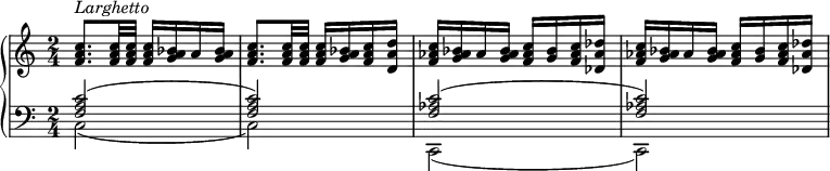 {
  \set Score.tempoHideNote = ##t
  \new PianoStaff <<
    \new Staff { \clef violin \key c \major \time 2/4 \tempo 4 = 40
      <f' a' c''>8. ^\markup{\italic{Larghetto}} <f' a' c''>32 <f' a' c''> <f' a' c''>16 <g' a' bes'> a' <g' a' bes'>
      <f' a' c''>8. <f' a' c''>32 <f' a' c''> <f' a' c''>16 <g' a' bes'> <f' a' c''> <d' a' d''>
      <f' as' c''>16 <g' as' bes'> as' <g' as' bes'> <f' as' c''> <g' bes'> <f' as' c''> <des' as' des''>
      <f' as' c''>16 <g' as' bes'> as' <g' as' bes'> <f' as' c''> <g' bes'> <f' as' c''> <des' as' des''>
    }
    \new Staff { \clef bass \key c \major \time 2/4
      << { \voiceOne
        <f a c'>2(
        <f a c'>2)
        <f as c'>2(
        <f as c'>2)
      }
      \new Voice { \voiceTwo
        c2(
        c2)
        c,2(
        c,2)
      } >> \oneVoice
    }
  >>
}
