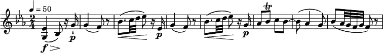 \relative c'' {
\key ees \major
\time 2/4
\tempo 4 = 50
\tempo "Andante moderato"
<g, ees'>4\f\> (bes8)\! r16 g'16-!\p
g4 (f8) r8
bes8. \< (c32 d ees8)\! r16 ees,16\p
g4 (f8) r8
bes8. \< (c32 d ees8)\! r16 g,16\p
aes8 bes\trill c bes ~
bes (aes4 g8)
bes (aes32 g f g f8) r8
}
