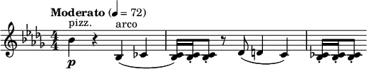 \relative c'' { \clef treble \numericTimeSignature \time 4/4 \key bes \minor \tempo "Moderato" 4 = 72 bes4\p^"pizz." r bes,(^"arco" ces | <c bes>16) <c bes>-. <c bes>8-. r des( d4 c) | <ces bes>16-. <ces bes>-. <ces bes>8-. }