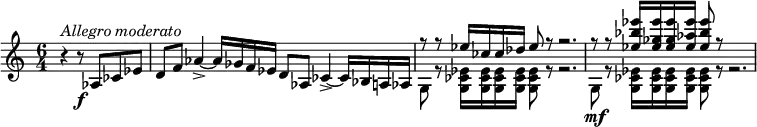 {
\clef violin \key c \major \time 6/4 \tempo 4 = 70
\set Score.tempoHideNote = ##t
\partial 2. r4 ^\markup{\italic{Allegro moderato}} r8\f as ces' es'
d'8 f' as'4->~ as'16 ges' f' es' d'8 as ces'4->~ ces'16 bes a as
<< { \voiceOne
r8 r es''16 ces'' ces'' des'' es''8 r r2.
r8 r8 <es'' bes'' es'''>16 <es'' ges'' es'''> <es'' ges'' es'''> <es'' as'' es'''> <es'' bes'' es'''>8 r
}
\new Voice { \voiceTwo
g8 r <g ces' es'>16 <g ces' es'> <g ces' es'> <g ces' es'> <g ces' es'>8 r r2.
g8\mf r <g ces' es'>16 <g ces' es'> <g ces' es'> <g ces' es'> <g ces' es'>8 r r2.
} >> \oneVoice
}