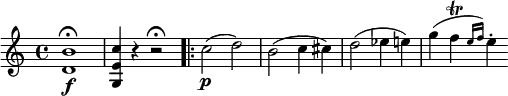 \relative b' {
\key c \major \time 4/4
<b d,>1 \f \fermata | <c e, g,>4 r r2 \fermata \bar ".|:"
c2( \p d) | b2( c4 cis) | d2( es4 e)
g4( f \trill \grace { e16 f) } e4-.
}
