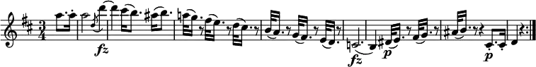 { \relative a'' { \key d \major \time 3/4
\partial 4 a8. a16-. | a2 \acciaccatura d,8 d'4~ \fz | d4 cis16( b8.) ais16( b8.) |
a!32( g16.) r8 fis32( e16.) r8 d32( cis16.) r8 | b32( a16.) r8 g32( fis16.) r8 e32( d16.) r8 |
c2.( \fz | b4) dis32( \p e16.) r8 fis32( g16.) r8 | ais32( b16.) r8 r4 cis,8.-. \p cis16-. | d4 r \bar ":|."
}}
\layout { \context {\Score \override SpacingSpanner.common-shortest-duration = #(ly:make-moment 1/4) }}