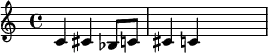 {\time 4/4 \skip4 c'4 cis' bes8 c'8 cis'4 c' \skip2}