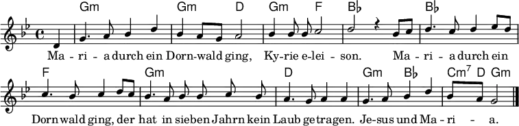 
\header { tagline = ##f }

\layout { indent = 0
  \context { \Score \remove "Bar_number_engraver" }
  \context { \Voice \remove "Dynamic_engraver" }
}
global = { \key g \minor \time 4/4 \partial 4 }
thechords = { \global \set midiInstrument = #"acoustic guitar (nylon)"
  \chordmode { s4 | g,1:m\pp | g,2:m d, | g,2:m f,2 | bes,2 s2
    bes,1 | f,1 | g,1:m | d,1 | g,2:m bes,2 | c,8:m7 d, g,2:m }
}
voiceA = \relative c' { \global \autoBeamOff \set midiInstrument = #"flute"
  d4 | g4. a8 bes4 d | bes a8 [g] a2 |
  bes4 bes8 bes c2 | d2 r4
  bes8 [c] | d4. c8 d4 es8 [d] |c4. bes8 c4
  d8 [c] | bes4. a8 bes bes c bes | a4. g8 a4 a |
  g4. a8 bes4 d | bes8 [a] g2 \bar "|."
}
VoiceB = \relative c' { \global \autoBeamOff \set midiInstrument = #"acoustic guitar (steel)"
  d4\pp | bes4. c8 d4 d | d cis d2 |
  d4 d8 d f2 | f r4
  g8 [a] | bes4. a8 bes4 c8 [bes] |a4. g8 a4
  bes8 [a] | g4. fis8 g g a g | fis4. e8 d4 d |
  bes4. c8 d4 d | d8 [c] bes2 \bar "|."
}
bass = \relative c { \global \autoBeamOff \set midiInstrument = #"acoustic guitar (steel)"
  d4\pp | g4. fis8 g4 <g bes,> | <g g,> <g es> <fis d>2 |
  g4 g8 g <a f>2 | <bes bes,> r4
  g4 | g4. g8 g4 c, | d4. d8 d4
  fis | g4. d8 g4 fis8 g | d4. <g d>8 <fis d>4 <fis d> |
  g4. f!8 <f bes,>4 <fis a,> | g8 [d] <g g,>2  \bar  "|."
  
}
verse = \lyricmode {
  Ma -- ri -- a durch ein Dorn -- wald ging,
  Ky -- rie e -- lei -- son.
  Ma -- ri -- a durch ein Dorn -- wald ging,
  der hat in sie -- ben Jahrn kein Laub ge -- tra -- gen.
  Je -- sus und Ma -- ri -- a.
}

\score {
  \new ChoirStaff <<
    \new ChordNames = "thechords" { \thechords }
    \new Staff \with { \consists "Merge_rests_engraver" }
    <<
      \clef treble
      \new Voice = "voiceA" { \voiceOne \voiceA }
      \addlyrics { \verse }
%     \new Voice = "voiceB" { \voiceTwo \VoiceB }
    >>
%   \new Staff \with { \consists "Merge_rests_engraver" }
%   <<
%     \clef bass
%     \new Voice = "bass" { \bass }
%   >>
  >>
  \layout { }
}
%\score { << \thechords \\ \voiceA \\ \VoiceB \\ \bass >>
\score { << \thechords \\ \voiceA >> 
  \midi { \tempo 4=108
  \context { \Score midiChannelMapping = #'instrument }
  \context { \Staff \remove "Staff_performer" }
  \context { \Voice \consists "Staff_performer" }
  }
}