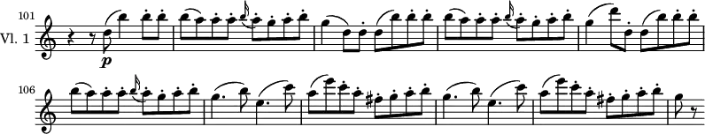 
\new Staff \with { instrumentName = #"Vl. 1 "}  \relative c'' {
    \version "2.18.2"
    \key c \major
    \set Score.tempoHideNote = ##t
    \time 4/4
    \set Staff.midiInstrument = "violin"
    \tempo 4 = 140
    \omit Staff.TimeSignature
    \set Score.currentBarNumber = #101
    \bar "" % enforce bar number at the very beginning
    r4 r8 d8\p( b'4) b8-. b-. |
    b( a) a-. a-. \grace b16( a8-.) g-. a-. b-. |
    g4( d8) d-. d( b')  b-. b-. |
    b( a) a-. a-. \grace b16( a8-.) g-. a-. b-. |
    g4( d'8) d,-. d( b') b-. b-. |
    b( a) a-. a-. \grace b16( a8-.) g-. a-. b-. |
    g4.( b8) e,4.( c'8) |
    a( e') c-. a-. fis-. g-. a-. b-. |
    g4.( b8) e,4.( c'8) |
    a( e') c-. a-. fis-. g-. a-. b-. |
    g r8
}
