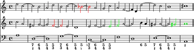 
\header {
  tagline = ##f
        }

\score {
<<
   \new Staff <<
     <<
    \set Score.tempoHideNote = ##t
    \time 4/4
    \tempo 4 = 150

              \relative c'' { e2 c~ c b a d b c~ c \tweak NoteHead.color #red \tweak Stem.color #red \tweak Accidental.color #red bes~ \tweak NoteHead.color #red \tweak Stem.color #red \tweak Accidental.color #red bes a g c a f~ f4 d d'2~ d c b1 cis \bar "||" } >>

    \new Staff <<
              \relative c'' { c2 a fis g~ g \tweak NoteHead.color #red \tweak Stem.color #red \tweak Accidental.color #red f~ \tweak NoteHead.color #red \tweak Stem.color #red \tweak Accidental.color #red f e d1 e2 f~ f \tweak NoteHead.color #green \tweak Stem.color #green \tweak Accidental.color #green e \tweak NoteHead.color #green \tweak Stem.color #green \tweak Accidental.color #green f a~ a b4 a gis2 a~ a \tweak NoteHead.color #green \tweak Stem.color #green \tweak Accidental.color #green gis \tweak NoteHead.color #green \tweak Stem.color #green \tweak Accidental.color #green a1 \bar "||" } >>

   \new Staff <<

              \clef "bass"
              \relative c' { a1 d,~ d g~ g c,~ c f d e~ e a, \bar "||" }
   >>
>>
      \new FiguredBass {
                \figuremode {
                  s1 | <7 _+>2 <6 4> <5 4> <5 3> <7 3> <6 4> <5 4> <5 _-> <7- 3> <6 4> <5 4> <5 3> s1 s2 <6>4 <5> <7 _+>2 <6 4> <5 4> <5 _+> <_+>1 }
          }
>>

\layout {
  \context {
  \Score
  \remove "Bar_number_engraver"
  }
indent = 0
}
\midi {}
}
