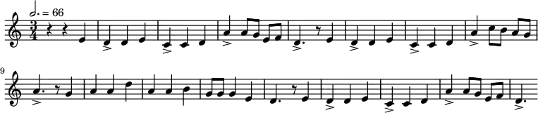 
{
    \relative g' {
      \set Staff.midiInstrument = #"oboe"
      \tempo 2. = 66
    \time 3/4
    r4 r4 e
     d-> d e
     c-> c d
     a'-> a8[ g] e8[ f]
     d4.-> r8 e4
     d-> d e
     c-> c d
     a'-> c8[ b] a8[ g]
     a4.-> r8 g4
     a a d
     a a b
     g8[ g] g4 e
     d4. r8 e4
     d-> d e
     c-> c d
     a'-> a8[ g] e8[ f]
     d4.->
    }
}
