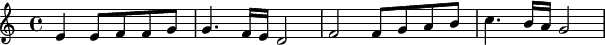 {\time 4/4 \skip4 e' e'8 f' f' g' g'4. f'16 e' d'2 f' f'8 g' a' b' c''4. b'16 a' g'2}